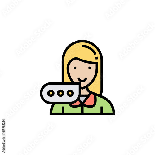 Smiling blonde woman communicates with a speech bubble in a friendly and approachable manner, conveying a sense of connection and understanding.