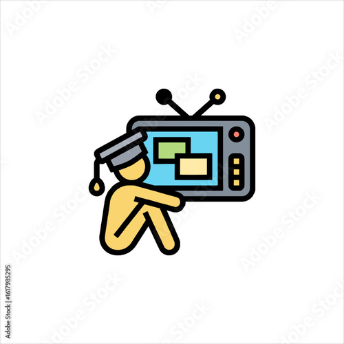 Student wearing graduation cap watches educational videos on television, learning remotely from home with focus and determination.