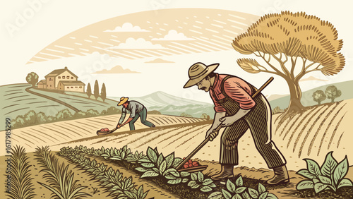 Dedicated farmer cultivating fertile land with harvested crops in a scenic rural landscape vector.