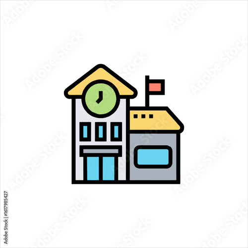 School building stands proudly with a clock tower and flag waving gently in the breeze, representing education and community spirit.