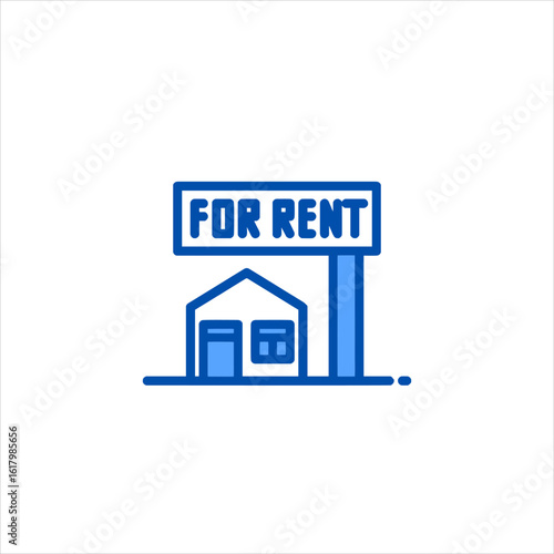 Blue house displays 'for rent' sign in front of property indicating real estate availability for potential tenants seeking housing in residential area.