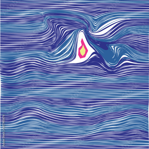 A striped metallic texture with blue hues and deformations that form a hole. The empty space depicts fire or flames.