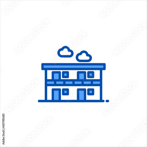 Blue twostory building stands beneath fluffy clouds, depicting simple architectural structure with clean lines and a modern, minimalist aesthetic.