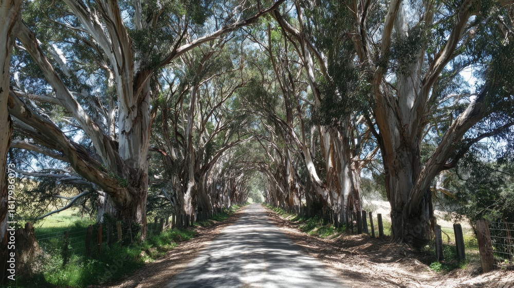 Fototapeta premium A serene road surrounded by towering trees, creating a tranquil path through nature's beauty.