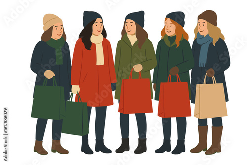 Characters in warm winter attire and hats are happily holding gift boxes while buying Christmas presents