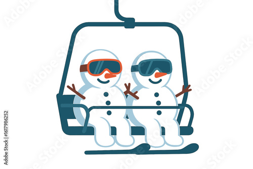 A pair of cheerful snowmen ascend to the ski lift, embodying winter fun in a vector illustration