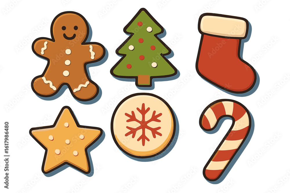 Naklejka premium Vector illustration of a Christmas Cookies Set featuring a ginger house, little man, christmas tree, and candy