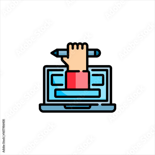 Hand holding stylus interacts with laptop screen during digital art creation process, symbolizing creative technology and innovation.