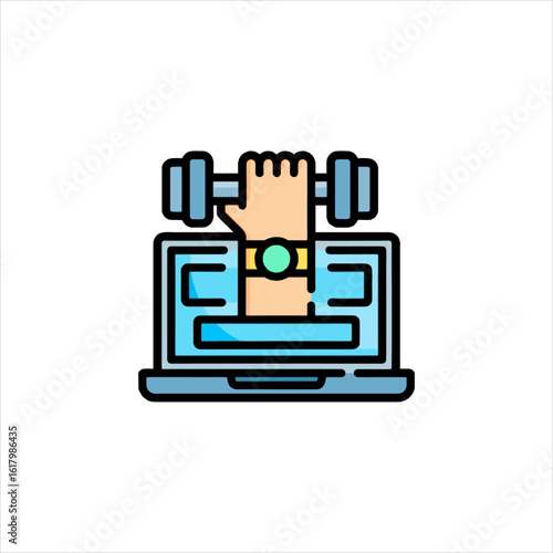 Hand holding dumbbell emerges from laptop screen, symbolizing online fitness class in modern, digital age.