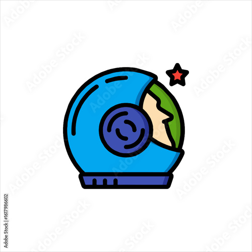 Astronaut helmet floating in outer space near a shining star, representing exploration and the wonders of the universe.