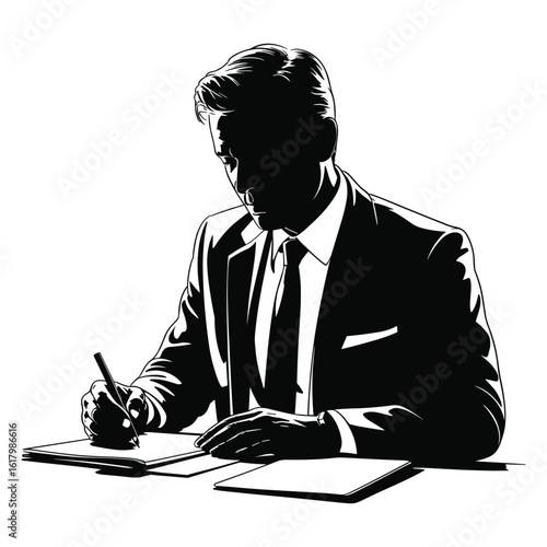 Silhouette of a businessman in a suit writing at a desk