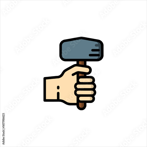 Hand holding a sledgehammer tightly, ready to strike in a workshop, showcasing strength and determination for construction or repair work.