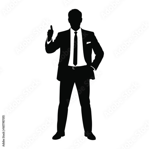 Silhouette of a businessman in a suit pointing upwards with his index finger