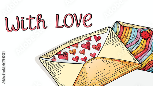Open envelopes with heart designs and colorful stripes with the words with love on a white background