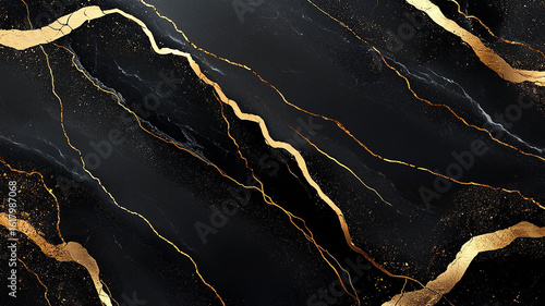Seamless black background with artistic gold marbling. Sophisticated design with deep color and bright metallic elements.