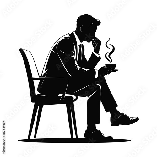 Silhouette of a man in a suit sitting and drinking coffee