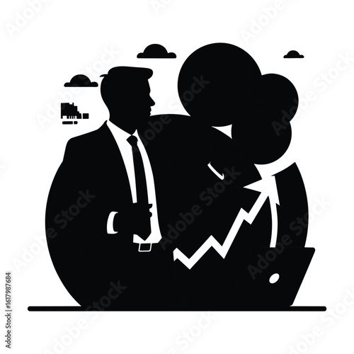 Businessman emerging from a shattered egg with upward trending graph