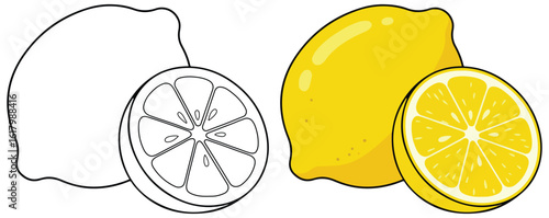 Whole Lemon and Sliced Lemon Illustration in Split Black-and-White and Colored Style - Fresh Citrus Fruit Design for Healthy Eating and Creative Art Projects