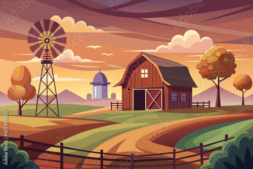 Charming rural farm scene illustration featuring barn, windmill and fields at sunset, conveying peace and tranquility