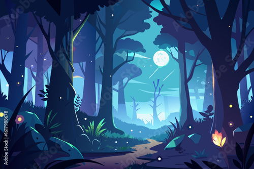Enchanting moonlight illuminating a magical forest with a winding path, perfect for fantasy tales and serene scenes