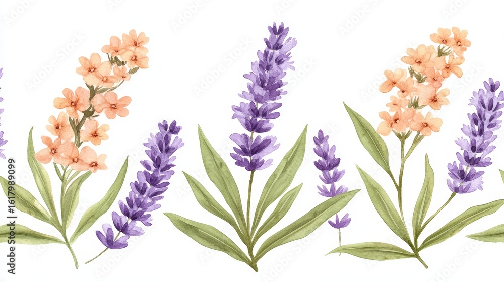 Naklejka premium Serene Botanical Harmony Watercolor Lavender and Peach Blooms with Floral Elements for Spring Art