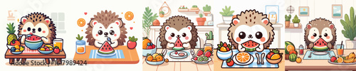 cute hedgehog vector eating fruit on the table