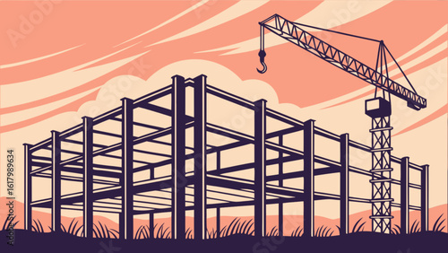 A construction site with a steel frame building and crane is set against a sunset sky in a vector illustration