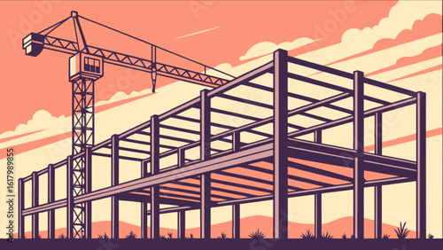 A construction site shows a steel frame building under construction with a crane against a colorful sky