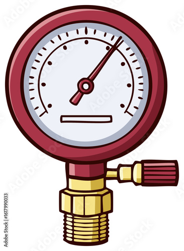 Cartoon illustration of a red industrial pressure gauge with a dial for measuring pressure and a brass valve
