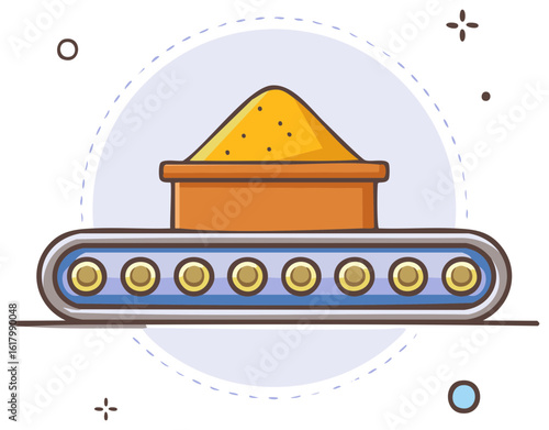 A cute cartoon illustration of an industrial conveyor belt carrying sand or raw material on a production line