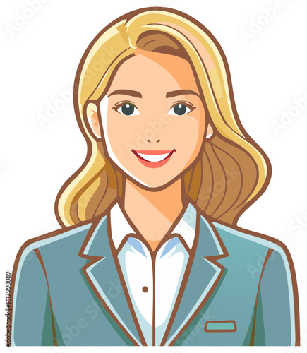 Cartoon blonde woman wearing blue suit jacket and white shirt illustration