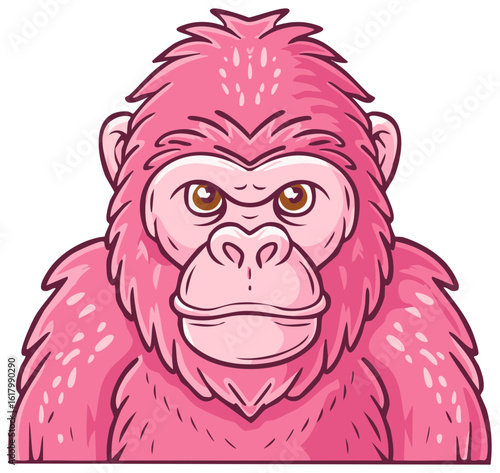 Vibrant pink gorilla cartoon character illustration with a direct frontal gaze