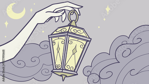 A hand holding a lantern in a dreamy night scene with clouds moon and stars in soft pastel colors