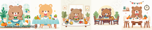 cute bear vector eating fruit on the table