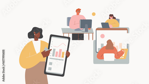 Illustration of a woman holding a tablet with charts and graphs with coworkers at their desks behind her