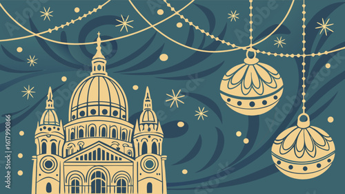 A vintage christmas illustration showcases a grand building adorned with festive ornaments, capturing the elegance and charm of the holiday season
