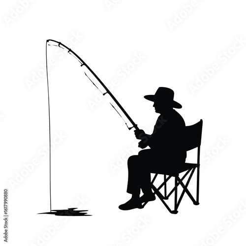 Angler casting line while seated on folding chair silhouette fishing