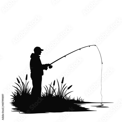 Angler casting line into water with reeds fishing reel
