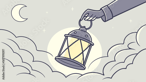 Illustration of a hand holding a lantern at night with a crescent moon and stars in the sky above clouds