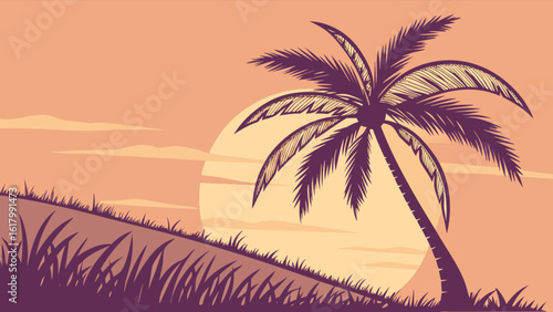 A lone palm tree stands silhouetted against a vibrant sunset, evoking a sense of tropical tranquility and the allure of a peaceful island getaway