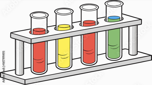 A set of test tubes with colorful liquids in a laboratory rack for scientific experiments and analysis