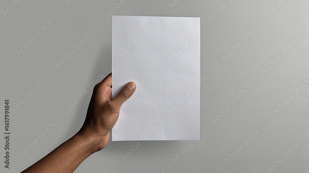 Fototapeta premium Hand holding blank white paper against gray background image