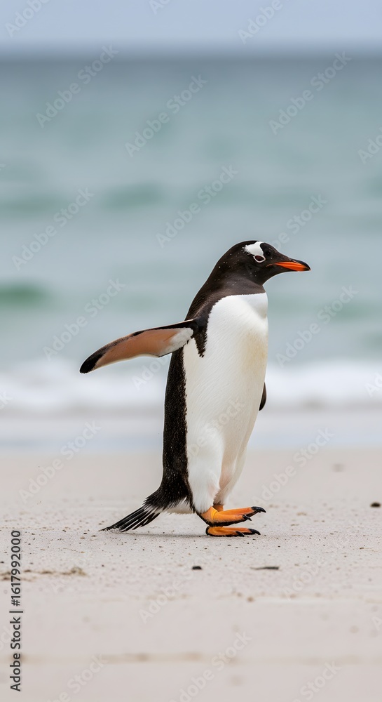 Naklejka premium wings outstretched and one leg raised. penguin has a black head, white belly,King Penguin Aptenodytes patagonicus Chicks in Creche in the rain.a Gentoo penguin standing on a sandy beach