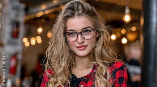 Wallpaper Mural Woman with glasses smiling in a cozy indoor setting with warm lighting Torontodigital.ca