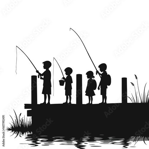 Children fishing on a dock at sunset silhouette