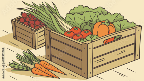 A rustic illustration of fresh vegetables in wooden crates, showcasing the bounty of a healthy farm harvest with carrots, tomatoes, lettuce, onions, peppers, and pumpkins