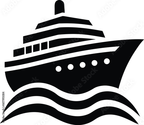 Cruise Ship on Waves Silhouette Vector, Ocean Liner Travel Icon
