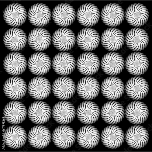 A mesmerizing grid of grayscale spirals on black background, evoking motion, depth, and rhythm through perfectly symmetrical radial gradients.