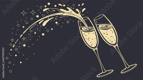 Two champagne glasses clink together, creating a splash of sparkling liquid, symbolizing celebration and festive occasions in a stylish vector illustration