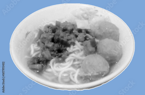 Indonesian street food called mie ayam bakso or chicken noodle meatball on bowl pixelate grayscale color halftone dotted texture style collage element isolated on blue background